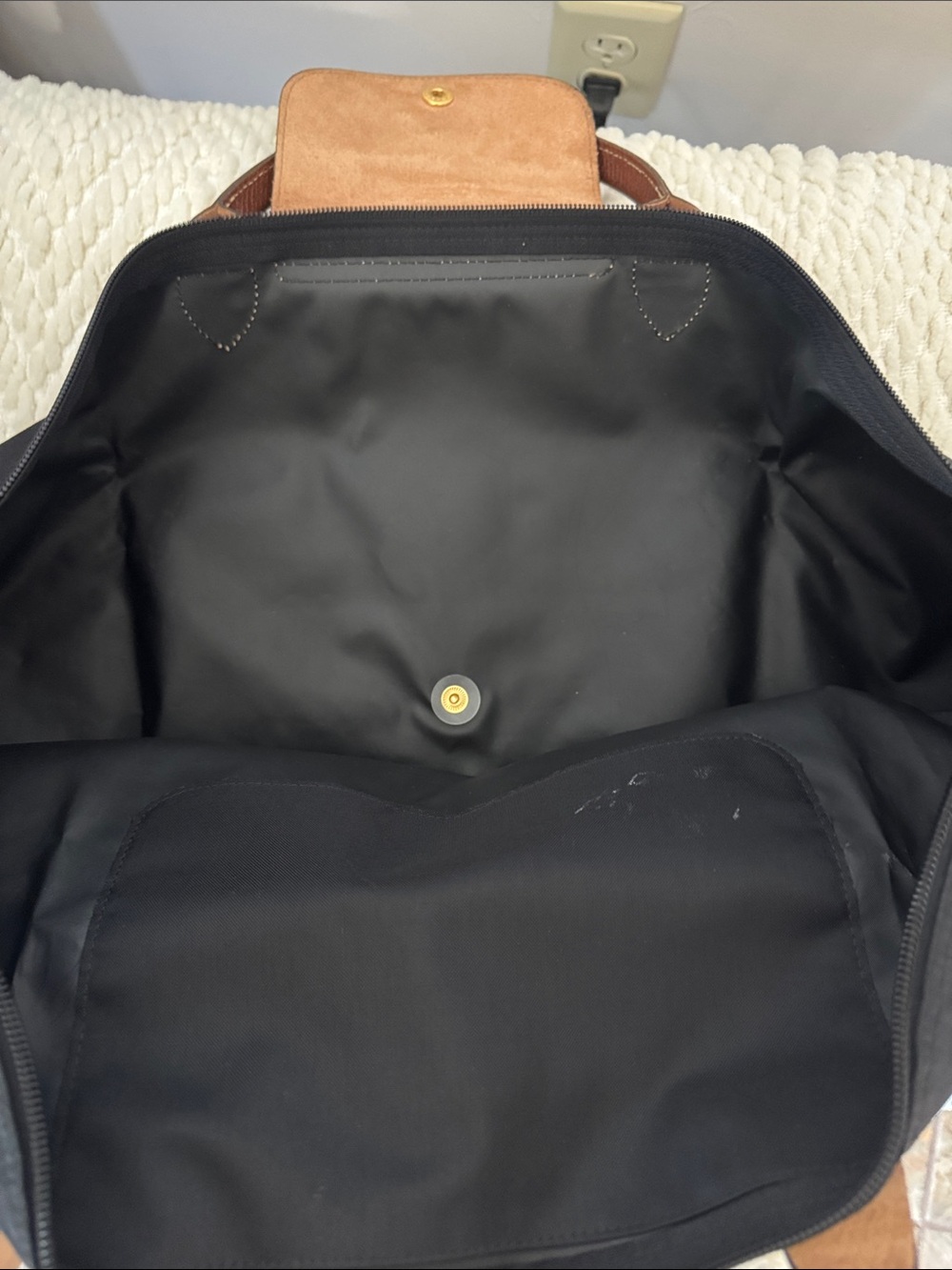Longchamp Navy Nylon Tote with Brown Leather Trim and Handles - Picture 5 of 6
